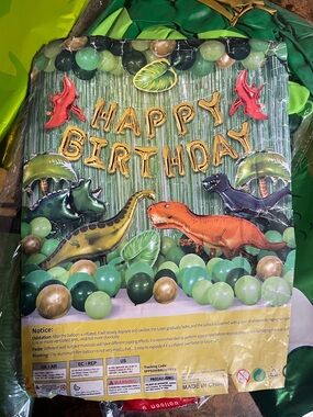 Gold "Happy Birthday" Dino Backdrop Party Decor - Green